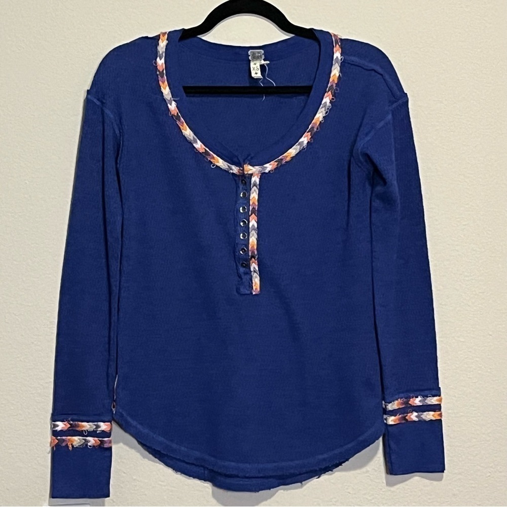 Free People Royal Blue Waffle Knit Thermal Long Sleeve Boho Distressed Size XS